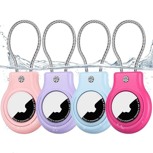 TNSNK 4 Pack Waterproof for AirTag Holder with Cable Wire, Anti-Lost Secure Keychain for Apple AirTag, Shockproof Case for Keys/Luggage/Backpacks/Pets, No Signal & Sound Interference - pink + purple + light blue + rose red
