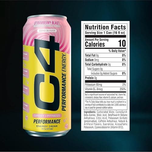 Cellucor C4 Performance Energy Drink | Strawberry Blast | Zero Sugar Carbonated Preworkout Energy | 200mg Caffeine with Beta Alanine | 16 Fl Oz (24 Pack) thumbnail 9