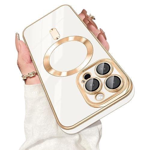 Dinick Magnetic for iPhone 13 Pro Case with Camera Len Protector, White | Compatible with MagSafe, Soft TPU Bumper, Anti-Scratch Protection, Slim Glitter Plated Gold Cover - Image 1