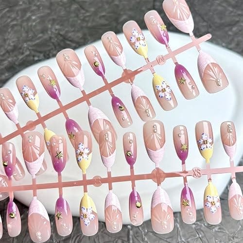 30pcs French Tip Press on Nails Medium Almond False Nails Summer Beach Style Seashell Starfish Flower Pattern 3D Handmade French Almond Shape Fake Nail Rhinestones Nails for Women Daily Wear thumbnail 3