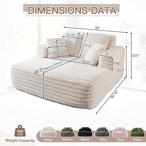 JEEOHEY 56" Oversized Chaise Lounge Chair Indoor,Plush Faux Fur Sleeper Sofa Couch Bed with Pillows&Wide Armrests,Fluffy Comfy Cloud Couch,Compression Foam Couch for Living Room,Bedroom(Beige) thumbnail 2