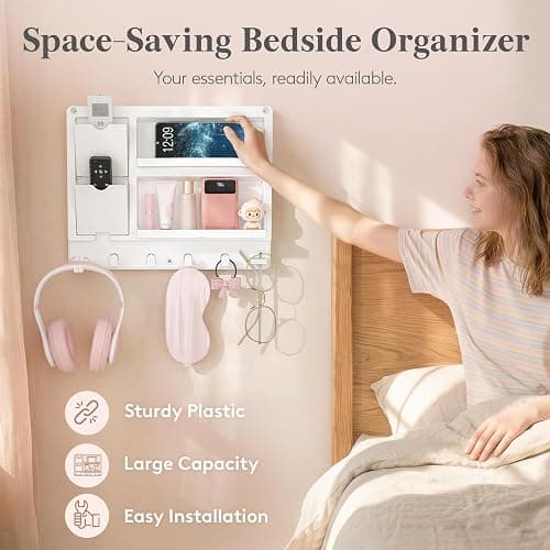 Lifewit Plastic Adhesive Bedside Shelf, Floating Pegboard Shelves, Key Remote Control Holder, Wall Organizer for Glasses, Phone, Earbuds, Bedroom Decor, Dorm Room Essentials, White thumbnail 5