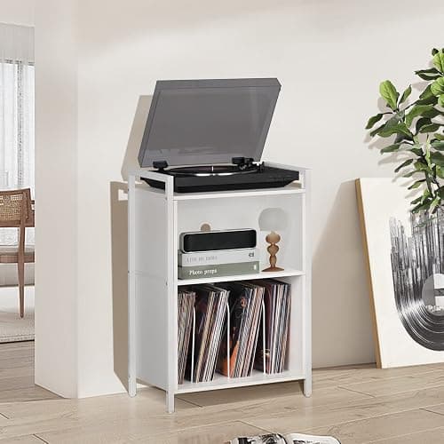 YAHARBO Turntable Stand, Record Player 3-Shelf White Vinyl Holder with Storage, Vintage Stand Holds Up to 180 Albums, Table Handle for Living Room, Bedroom, Super Large, (MK-NRPS-D-White-01) thumbnail 5