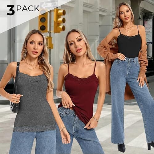 Kate Kasin Women's Adjustable Spaghetti Strap Lace Trim Cami Tunic Tank Top 3PACK thumbnail 2