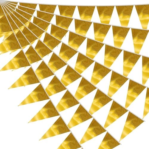 40M/130FT Gold Triangle Pennant Banner Flag Metallic Fabric Bunting Garland for Christmas Graduation Wedding Engagement Anniversary Bachelorette Birthday Bridal Shower Valentines Hen Party Supplies - Image 1