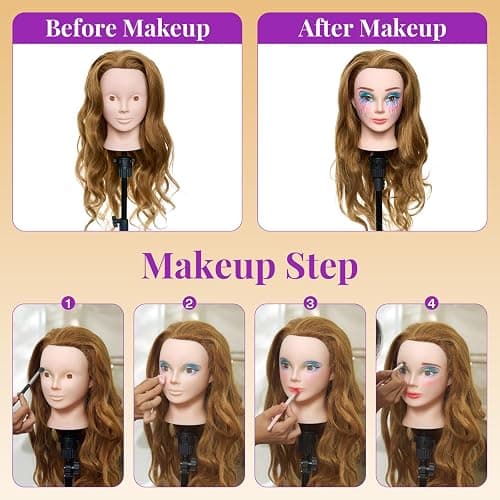28" Mannequin Head Human Hair - 80% Real Hair Mannequin Head for Makeup Practice, Cosmetology Manikin Doll Head for Hair Styling, Hairdressing Training Head for Braiding #27 thumbnail 4