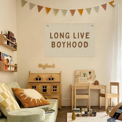 PLKMN Long Live Boyhood Banner, Boy Nursery Decor, Linen Banner Wall Hanging Banner Flag Decor for Nursery Playroom Toddler Room, Boys Kids Room Decor - Sand Beige & Taupe - 01 Long Live Boyhood - Brown Beige thumbnail 7