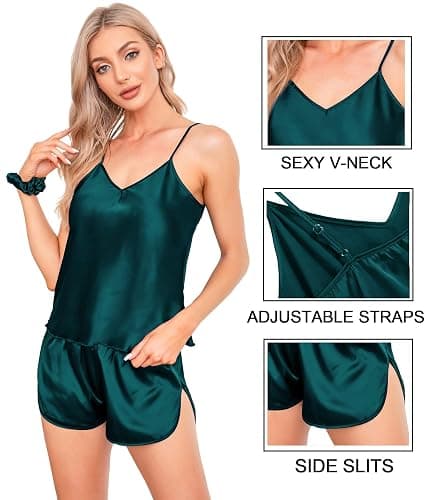 SWOMOG Women Satin Pajamas 4pcs Pajama Set Sexy Cami Shorts Set and Button Down Long Sleeve Pjs Loungewear Sleepwear thumbnail 4