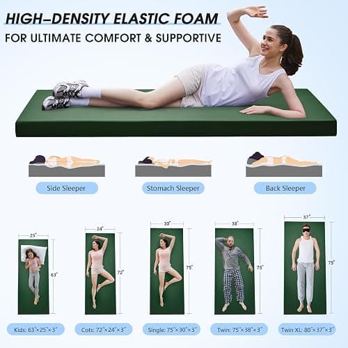 CYMULA Memory Foam Camping Mattress Pad,3inch Sleeping Pad for Camping,Non-Slip Bottom Floor Cot Car Mattress Bed with Retaining Portable Roll up Mattress Pad Mat for Travel Truck Guest Bed Tent thumbnail 2
