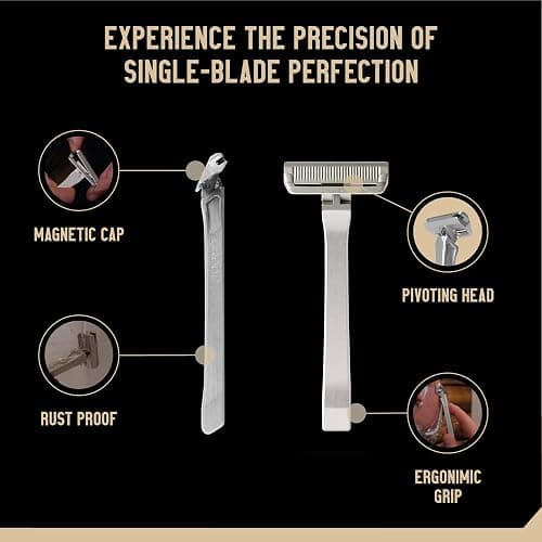 Proof Benchmark Single Blade Razor CNC Machined Aluminum Metal - Made in USA - Pivoting Head for a Smooth & Comfortable Shave - Easy Blade Replacement - Durable Design with Grooved Cap & Leather Case thumbnail 6