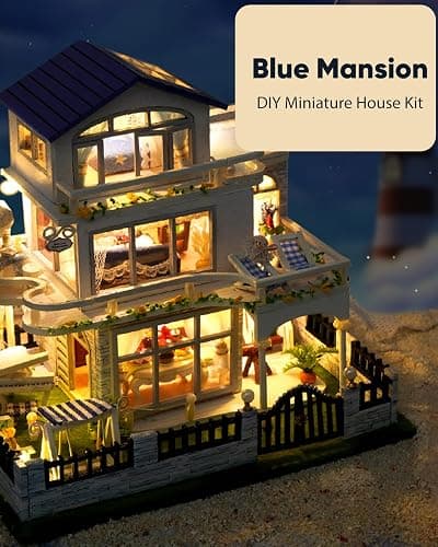 DIY Miniature House Kit, Mini House Kit for Beginners, Mayberry Street Miniatures, Model Building Craft Diorama Kit, Ideal Gifts for Birthday, Christmas(Blue Mansion) - Blue Mansion thumbnail 7