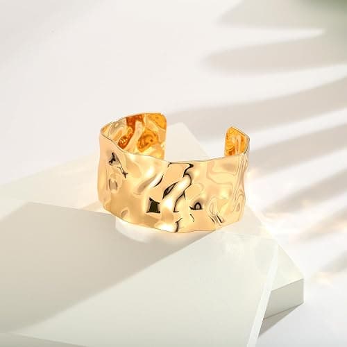 WOWORAMA Hammered Chunky Cuff Bracelets for Women Vintage Boho Wide Bangle Bracelets Irregular Statement Bracelet Thick Arm Cuff Gold Silver Bracelet thumbnail 4