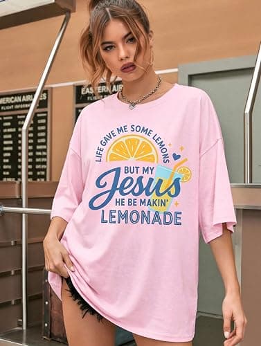 Oversized Christian Shirts for Women Jesus is My Jam T-Shirt Jesus Lemonade Graphic Tees Bible Verse Inspirational Tops thumbnail 2