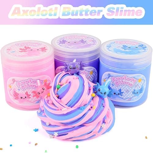 3 Pack Axolotl Butter Slime, Butter Slime Kit with Pink, Blue, Purple Axolotl Charms, Soft and Stretchy, Slime Party Favor for Girls & Boys, Classroom Rewards, Birthday Gifts for Kids thumbnail 4