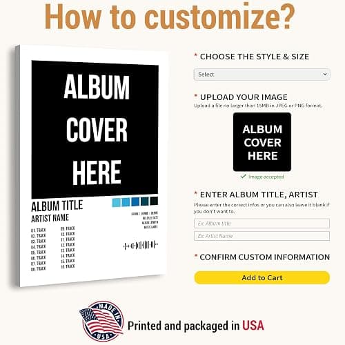 Custom Album Cover Print, Choose Your Own Album, Personalized Music Poster with Tracklist & Song Code, Framed or Unframed Wall Art Canvas, Gift for Music Lovers, Birthday & Graduation Gift for Him or Her thumbnail 5