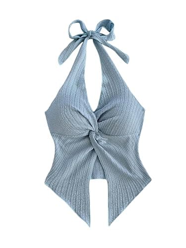 SHENHE Women's Twist Front Tie Halter Neck Split Hem Backless Summer Going Out Crop Top - Image 1