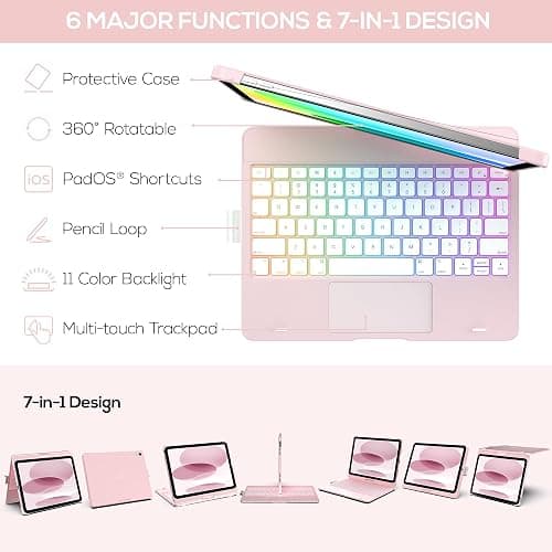 typecase Touch iPad 11th 10th Generation Case with Keyboard (11" 2025, A16 & 10.9" 2022) – 360° Rotatable, 11-Color Backlit, Multi-Touch Trackpad, Pencil Holder, Thin & Light – Light Pink thumbnail 4