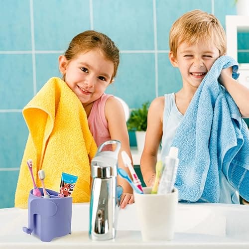 Hippywell Kids Toothbrush Holder, Cute Elephant Toothbrush Holders for Toddler, Toothbrush Toothpaste Holder for Bathroom, Toothbrush Organizer with 3 Slots and a Hook, Purple thumbnail 7