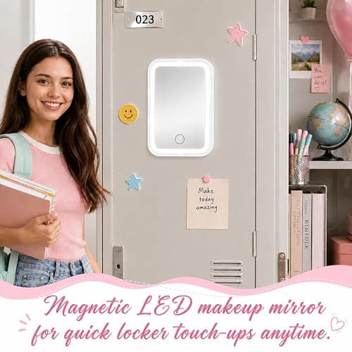 Gosodeny White Locker Light up Mirror Magnetic Makeup Mirror Dimmable Touch Screen School Locker Accessories for Girls Back to School Essential Organizer Supply for Daily Makeup Grooming thumbnail 5