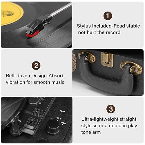 Mersoco Lecteur de disques vinyles Bluetooth 3 Vitesses Portable Classique, Sortie numérique USB, Vinyle numérique vers MP3, Haut-parleurs intégrés, RCA Line Out AUX sur Prise Casque Classique, Noir thumbnail 5