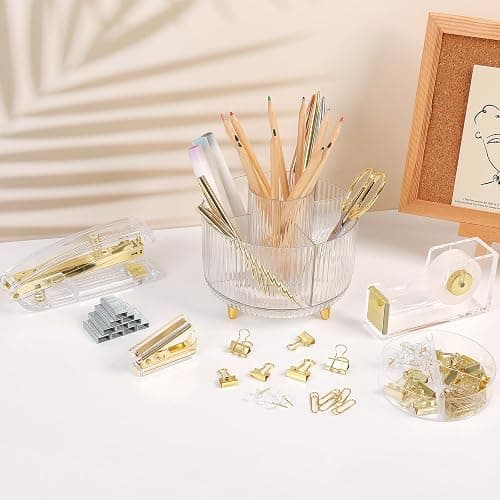 SKYDUE Gold Office Supplies Set, Pencil Holder for Desk,Gel Pen, Stapler, Tape Dispenser, Scissors,Clips and 1000pcs Staples, Office Decor for Women, Gold Desk Accessories thumbnail 6