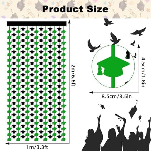 2 Pack 3.3ft x 6.6ft Graduation Cap Metallic Foil Fringe Curtain, Grad Hat Shaped Tinsel Streamers Photo Props Backdrop for College Graduation Party Supplies, Prom 2025 Decorations (Green&Black) thumbnail 2