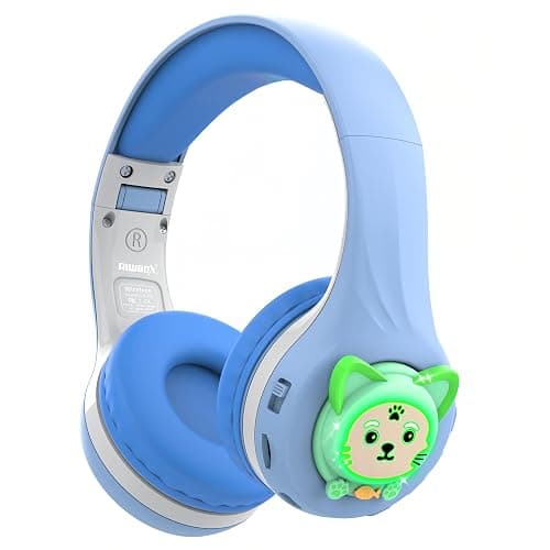 Riwbox CB-7S Kids Wireless Headphones,Gifts Suitable for Kids,74/85/95dB,LED Glow Lights,50H Playtime,Bluetooth V5.3,Built-in Mic, TF Card Slot,for Travel/School/Phone/Laptop(Blue&Grey) - Image 1