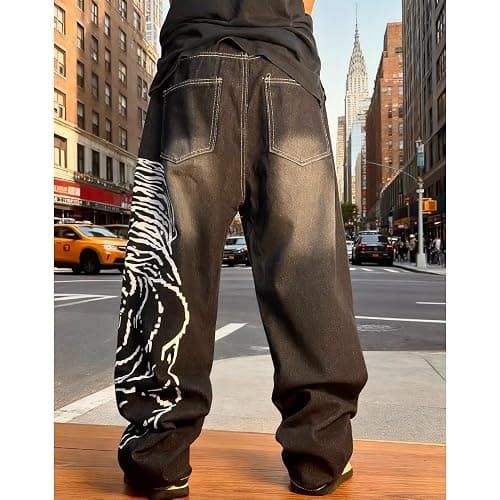 Xojbzoo Y2K Tiger Print Baggy Jeans Unisex Wide Leg Pants Retro Streetwear Hip Hop Denim Trousers thumbnail 7