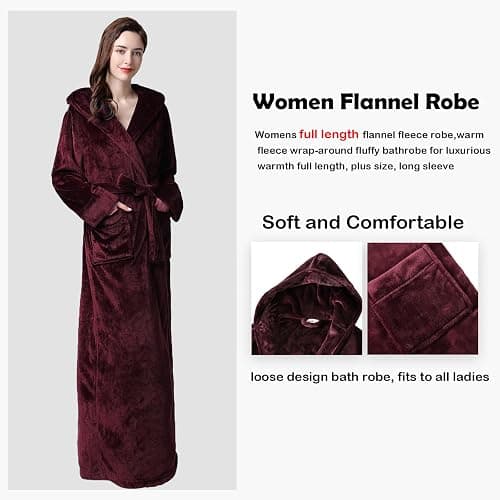 Oksun Womens Long Fleece Robe: Floor Length Flannel Hooded Bathrobe, Plush Warm Winter Housecoat, Fluffy Soft Cozy Nightgown thumbnail 4