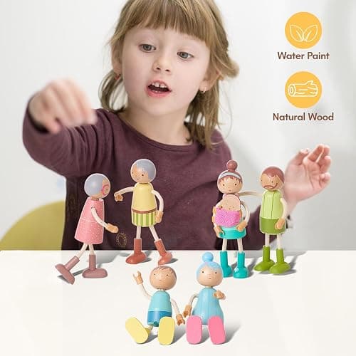 Giant bean Wooden Family Dolls Set of 7 for Dollhouse, Dollhouse People Miniature Dollhouse Accessories Toy for Boys Girls Kids Pretend Play 3 Years up - Dollhouse Family Dolls thumbnail 6