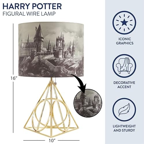 Idea Nuova Harry Potter Figural Table Lamp – 16" Tall Gold Wire Base with Printed Hogwarts Shade, Decorative Kids Desk or Nightstand Lamp for Bedroom, Playroom, or Study Area thumbnail 3