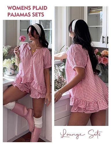 Flygo Womens Gingham Pajamas Set 2 Piece Cotton Pj Lounge Sets Puff Sleeve Ruffle Babydoll Shirt Shorts Summer Outfits thumbnail 5