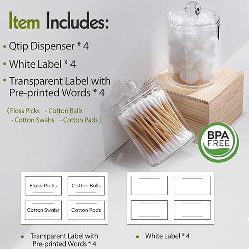 4 Pack Acrylic Qtip Holder Dispenser for Cotton Swabs, Balls, Pads, Floss Picks- Small Clear Plastic Canister Apothecary Jar Set, Bathroom Essentials Accessories Decor, Vanity Makeup Storage Organizer - 4 Pack thumbnail 2