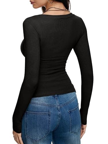 REORIA Long Sleeve Shirts for Women Scoop Neck Going Out Slim Basic Tshirts 2025 Trendy Tops Ribbed Knit Fall Outfits thumbnail 5