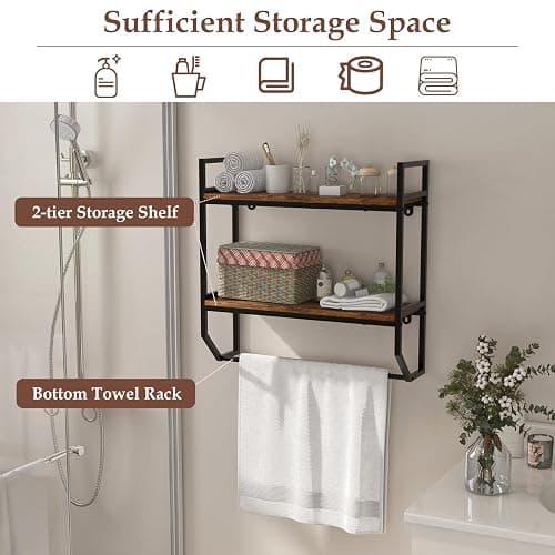 LOKO 2-Tier Bathroom Towel Rack with Shelf, Industrial Over The Toilet Shelf with Towel Bar, Wall Mounted Hanging Shelf with Towel Holder, Rustic Storage Organizer Shelves for Living Room, Kitchen thumbnail 4