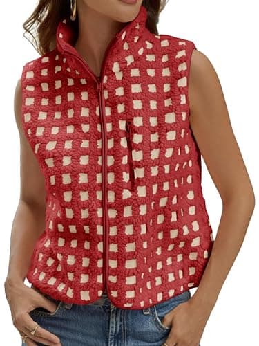 Tankaneo Womens Checkered Sherpa Vest Fleece Fuzzy Zip Up Sleeveless Jacket Casual 2025 Winter Warm Outwear - Image 1