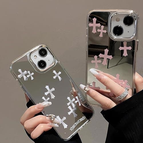 xoniery Compatible with iPhone 15 Cute Glossy Mirror Back Case,Cross Pattern,Senior Shockproof Protection for iPhone 15 Case for Women Girls-Pink thumbnail 3