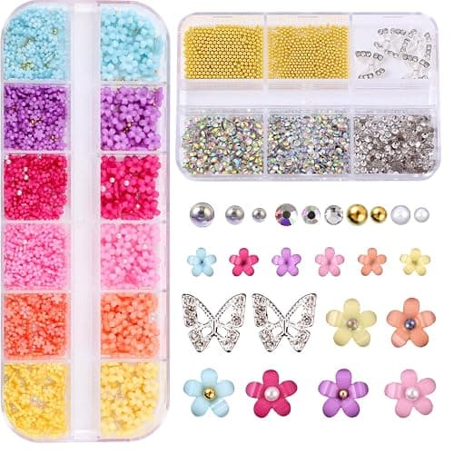 GZMAYUEN 3D Blume Nagel Charms Metall Kaviar Perlen, 3D Pastell Acryl Blume für Nägel Design, Gold Kaviar Perlen Nagel Dekorationen Gemischte Strass Kit, Kristall AB Edelsteine Nagel Diamanten Strass thumbnail 6