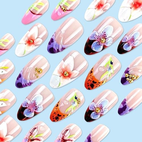 24Pcs Flower Press on Nails Medium Almond French Tip Fake Nails 3D Embossed Diamond Floral Nail Art with Romantic Almond Shape Handmade Stick on Nails French Nails for Women Manicure thumbnail 3