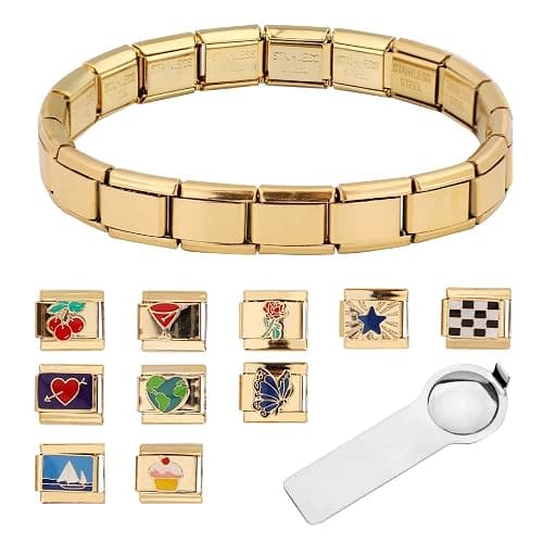 Italian Charm Bracelet, Gold Nomination Bracelet with Opening Tool and 10 Pack Detachable Charms Stainless Steel Italian Charm Bracelet Fits All Classic Links Bracelet for Women Jewelry Gifts - Image 1