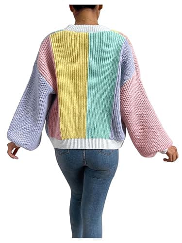 SHENHE Women's Color Block Open Front Long Sleeve Ribbed Knit Cropped Cardigan Sweaters thumbnail 5
