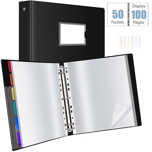 Uquelic Presentation Ring Binder, A4 Display Folder with 50 Punched Pockets and 6 Colorful PP Divider Pages, Folder File Plastic Sleeves for Documents, Certificates, Receipts, Black thumbnail 4