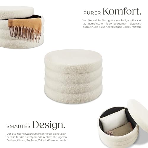 tectake® Hocker mit Stauraum, XL Scandi Sitzhocker Bouclé Teddy Stoff, Pouf, Polsterhocker rund für Schminktisch, Wohnzimmer Möbel, als Flur Möbel, Stauhocker Wohnen, Ø 67 x 42 cm - Bouclé Creme-weiß thumbnail 4