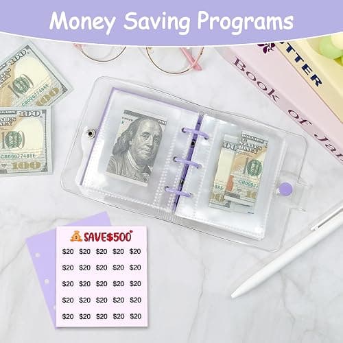 Drawelry Mini Money Saving Binder, 25 Cash Envelopes Money Saving Challenge Binder $500 $1000, Portable Savings Book Envelopes Stickers for Budgeting Planner Christmas Birthday Gift (Purple, $500) thumbnail 5