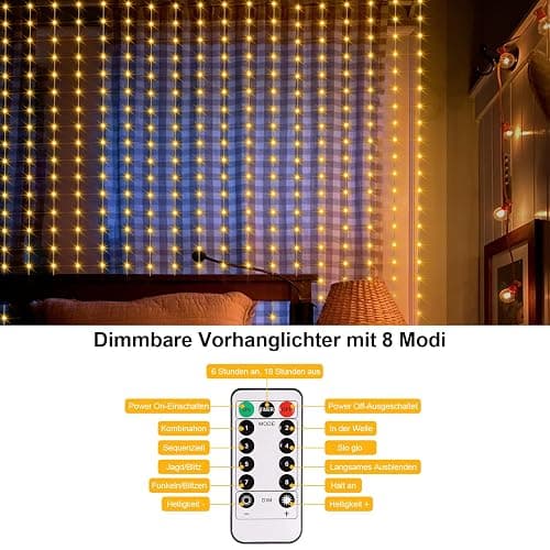 DBFAIRY 2x2M Lichtervorhang innen, 200 LED Lichterketten Vorhang mit 8 Modi Fernbedienung Timer, Batterie Lichterkette Vorhang Wasserfest für Party Hochzeit Innen und außen Deko (Warmweiß) thumbnail 3