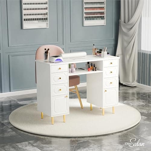 OmySalon White & Gold Accent Nail Desk for Nail Tech, Manicure Table with Electric Dust Collector, Storage Drawers & Wrist Cushion, Acetone Resistant for Salon and Home Nail Station thumbnail 2