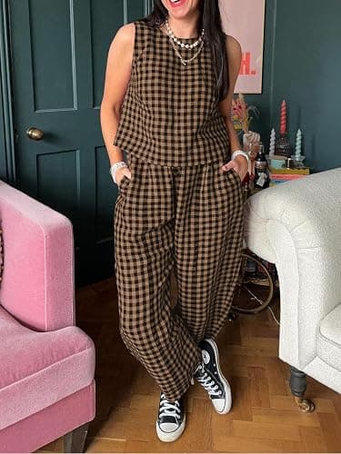 Melliflo Gingham Sets Women 2 Piece Outfits Sleeveless Plaid Loungewear Checkered Crop Tanks and Pant Sets with Pockets thumbnail 5