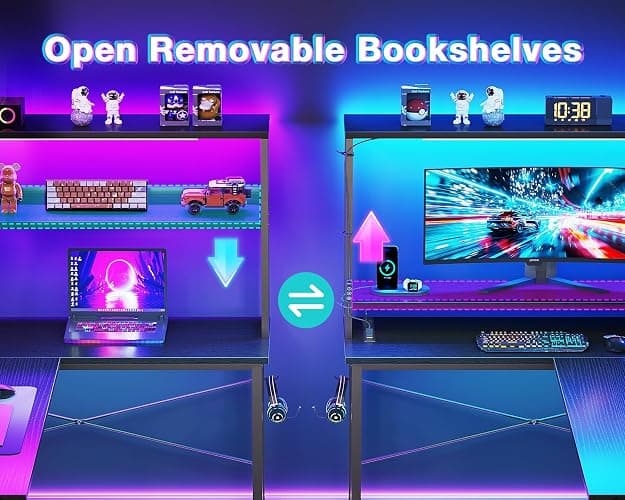 AODK L Shaped Desk Gaming Desk with LED Light & Power Outlet, 43 Inch Reversible L Shaped Computer Table with Shelf, Corner Desk with Storage Bag&Hook for Home Office Desk, Black thumbnail 4