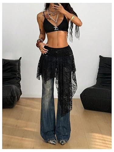 SHENHE Women's Lace Skirt Low Rise Asymmetrical Boho Hip Covering Skirt | Y2k, Fairy, Flowy, Western, See-Through, Vacation, Casual, High Waist thumbnail 5