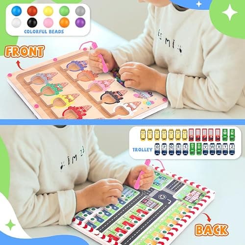 wakeInsa 2 in 1 Magnetic Color and Number Maze,Montessori Toy for 3-6 Years Old,Wooden Magnet Balls Puzzles,Toddler Busy Board Game,Preschool Learning Activities,Christmas & Birthday Gift for Kids - Magnet Toys - Ice Cream + Parking Lot thumbnail 5